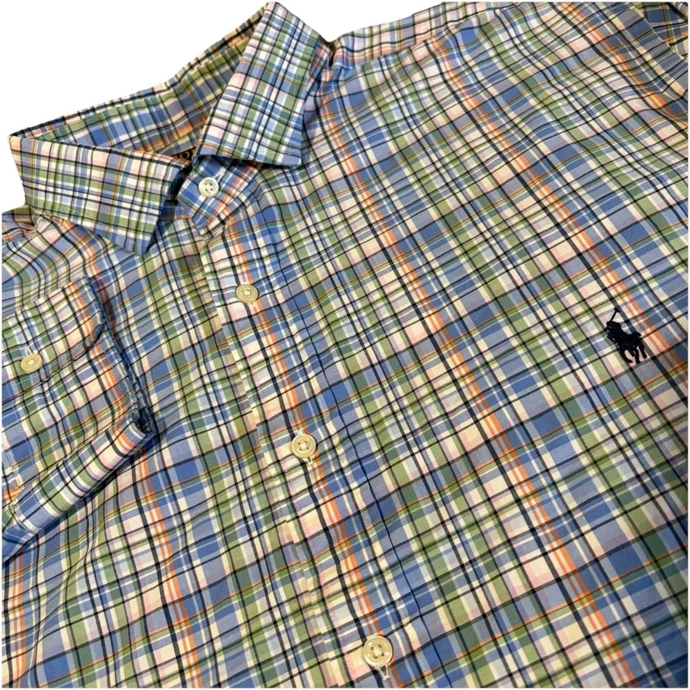 Polo Ralph Lauren Dress Shirt Mens 2XB Blue Green Plaid Button Up Stretch Pony